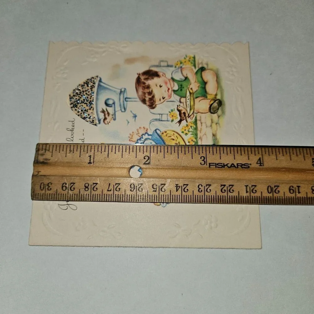 VTG Get Well Greeting Card Boy Girl Gay Birds Whistling Tune Scalloped Edge 4x4